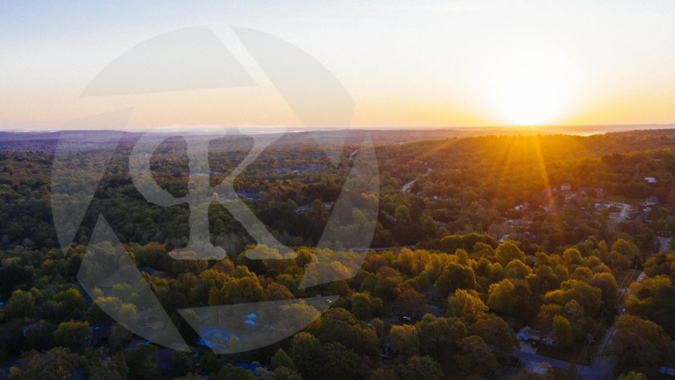 Aerial shot of forest treetops at sunset