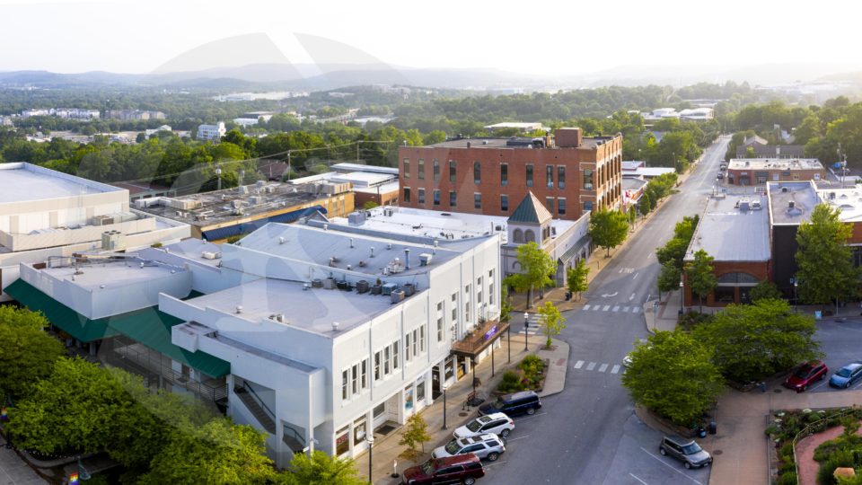 Aerial shot of a downtown main street