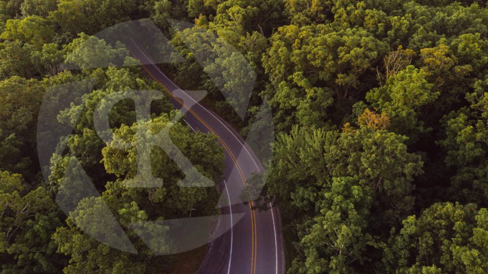 Aerial shot of a road winding through the forest